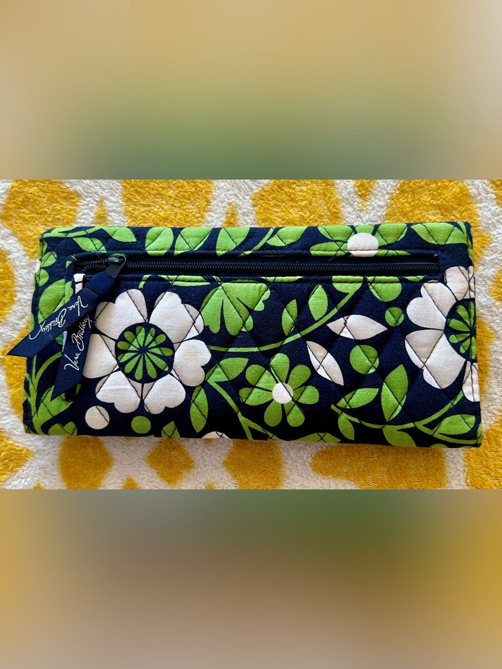 Vera Bradley Navy Floral Quilted Cosmetic Pouch with Green & White Flowers